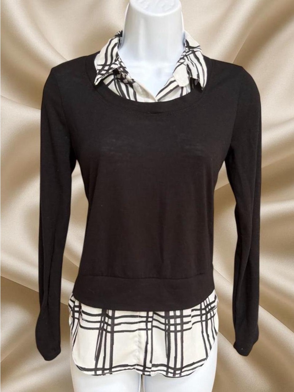 Y2K Black Layered Collar BlouseTop Office Siren 2000s Model Off Duty Minimalist